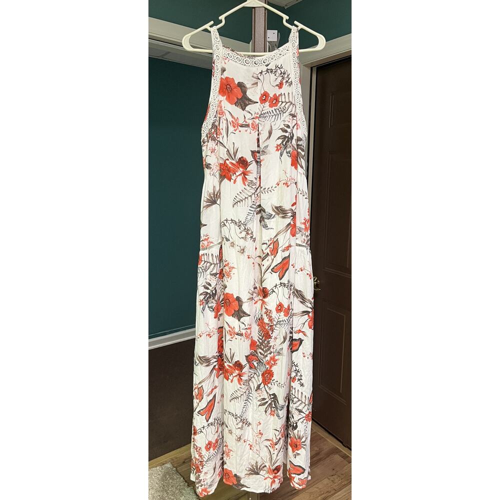 Womens Floral White/Orange Babydoll Maxi Dress S Crochet Cottagecore Hippie Boho - Picture 4 of 13